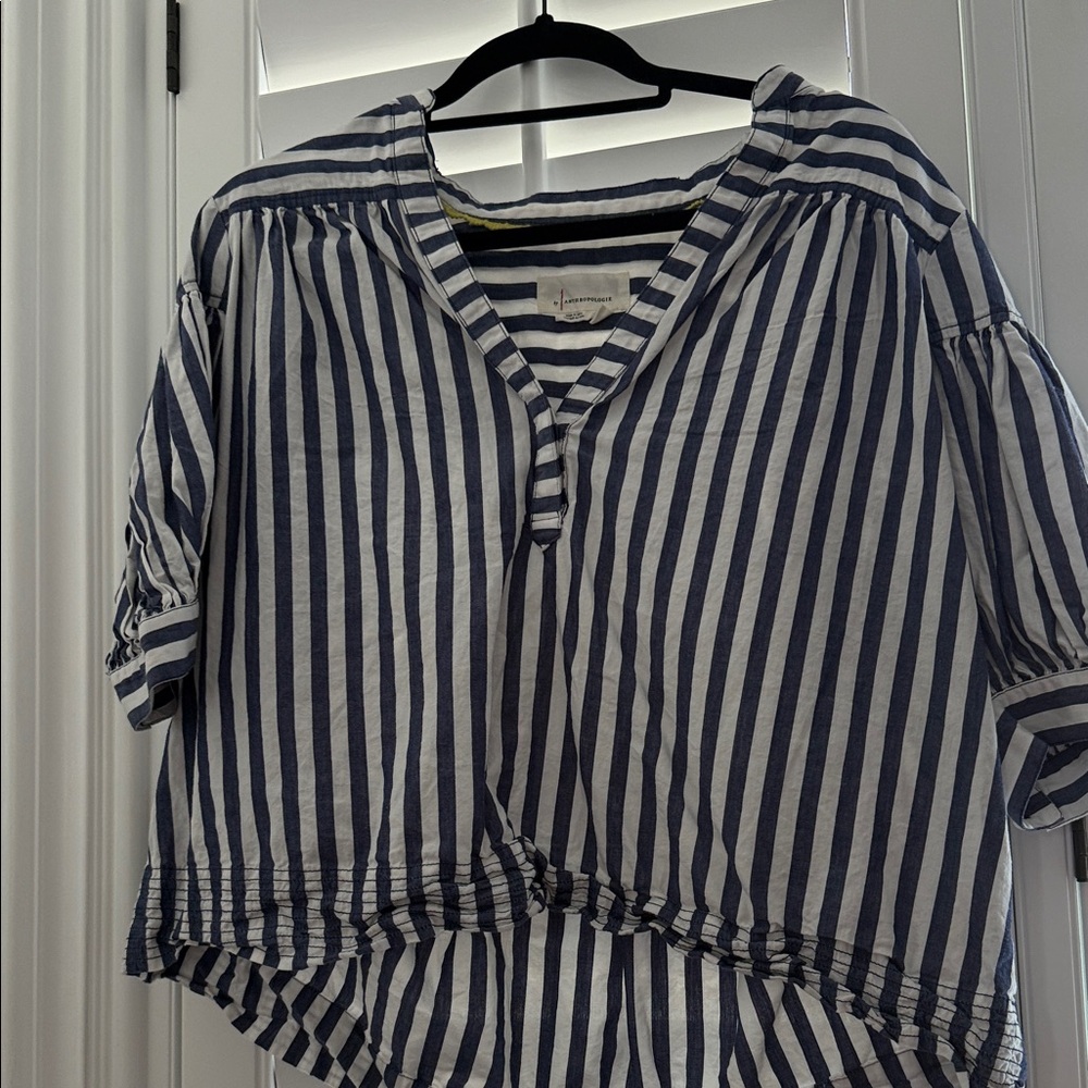 Anthropologie Navy and White Striped Short Sleeve Top